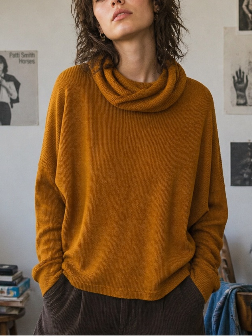 Urban Outfitters XL Mustard Cowl Neck Long Sleeve waffle knit Minimalist